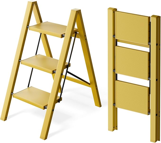 3 Step Ladder, Aluminum Lightweight Folding 3 Step Stool with Anti-Slip Wide Pedal, 330lbs Capacity Ladder for Household,Library,Office(Soft Dusk Yellow)
