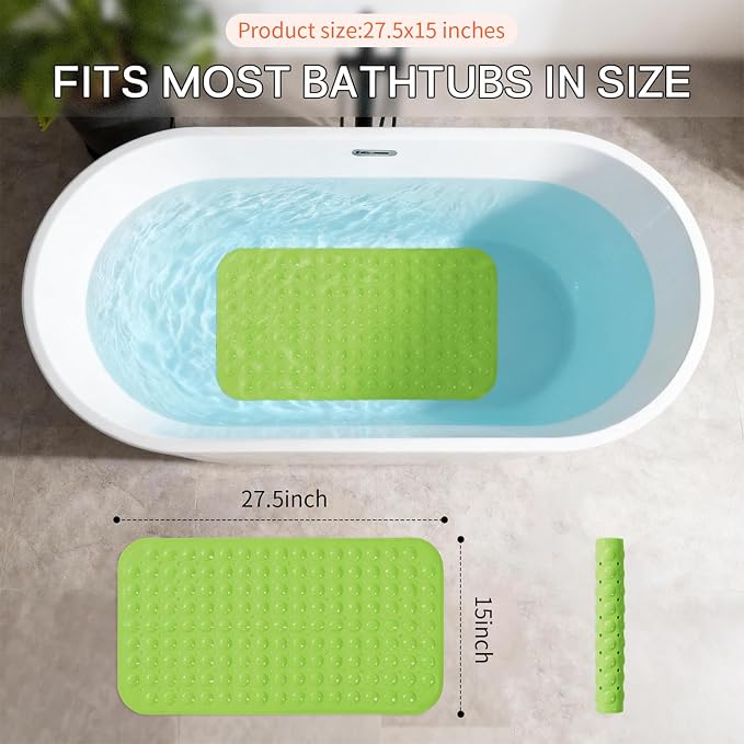Anti-Slip Bathtub Shower mat, 28×15（ 70×37cm） inch Soft Oversized Machine Washable Non-Slip Bathtub mat with Drainage Holes, Bathroom Floor Suction Cup.（1-Opaque Pea Green）