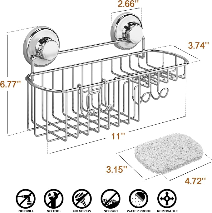 HASKO Suction Cup Shower Caddy Basket for Shampoo, Shower Suction Shelf Organizer, Basket with Soap Holder and Hooks, Stainless Steel Shampoo Holder for Bathroom Storage, Chrome