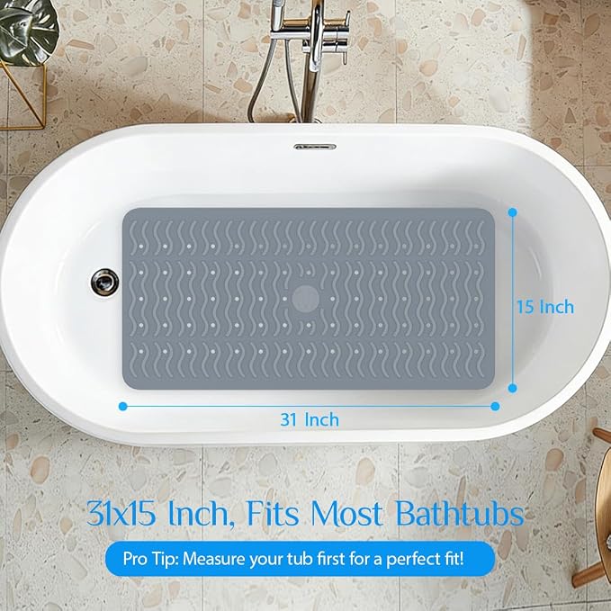 Non Slip Bathtub Mat & Shower Mat, 31x15'' Anti Slip Bath Mat for Tub, Soft TPE Anti-Skid Bathroom Mat with 194 Suction Cups & Drain Holes, Wave-Textured Grip, Machine Washable, Grey