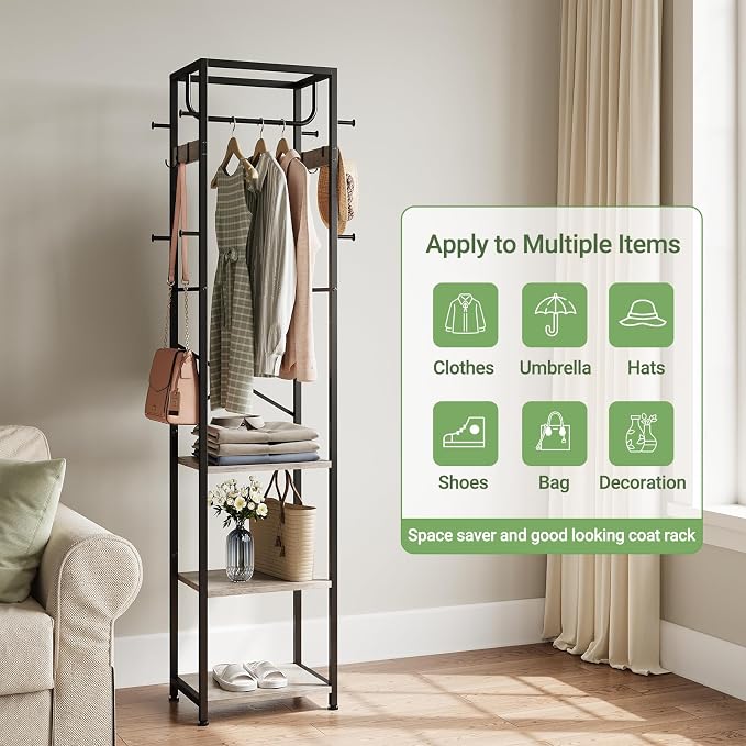 ELYKEN Coat Rack Freestanding, Hall Tree with 3 Storage Shelves and 12 Hooks, Industrial Clothes Rack Stand Organizer for Bedroom, Hallway, Entryway, Office, Living Room, Greige