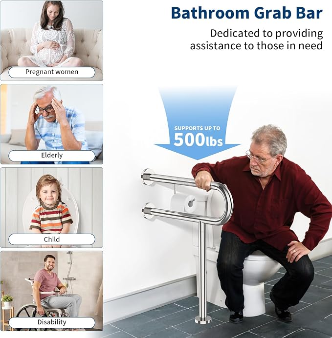 Toilet Grab Bar with Leg 24x28 Inch, ZUEXT Chrome Knurled Toilet Support Bar with Toilet Paper Holder, Stainless Steel Wall & Floor Mounted Bathroom Support Rail for Seniors Elderly Disabled Pregnant