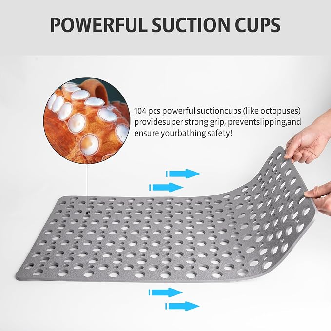 XIYUNTE Bath Mat for Tub Non Slip Shower Mat -28" x 15" Soft TPE Bathtub Mat Non Slip Shower Mats for Inside Shower, Anti Slip Shower Floor Mat with Suction Cups, Quick-Drying Bath Tub Mat, Grey