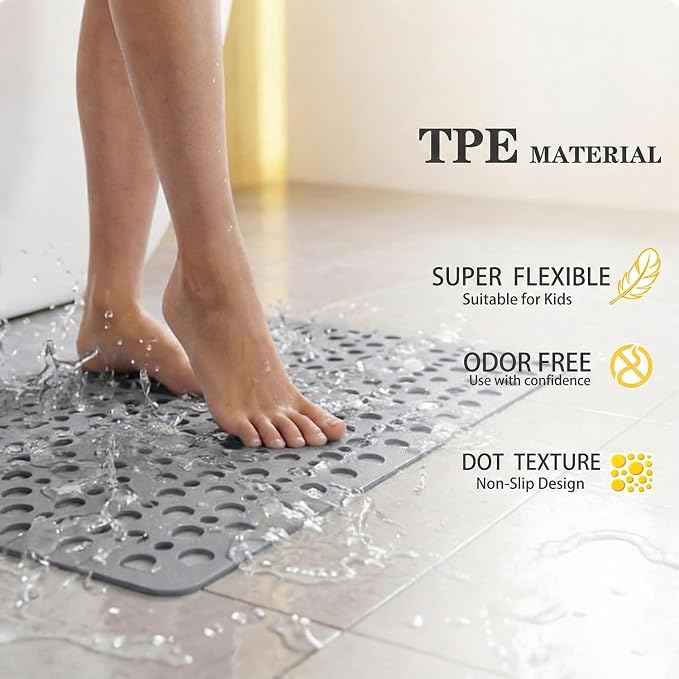 Nonslip Bath Tub Shower Mat with Suction Cups, Extra Soft TPE Bath Mat for Kids, Bathtub Bathroom Mats, Machine Washable, Smooth/Non-Textured Tubs Only, 30L x 17W Inch (Light Gray)