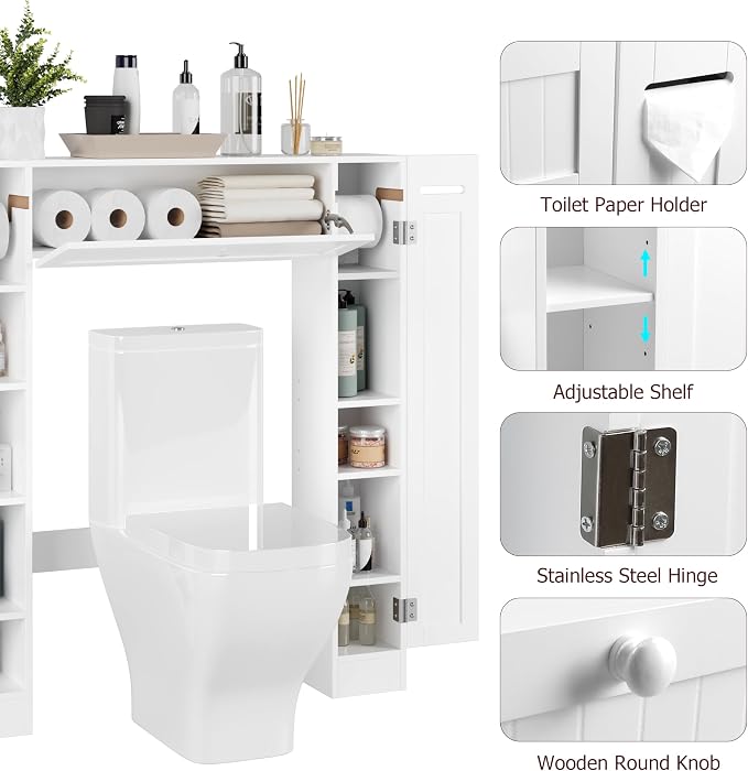 Over The Toilet Storage Cabinet, Bathroom Space Saver with Paper Holder and Adjustable Shelves, Freestanding Toilet Cabinet Organizer with 2 Side Doors and Pull-Down Door, White