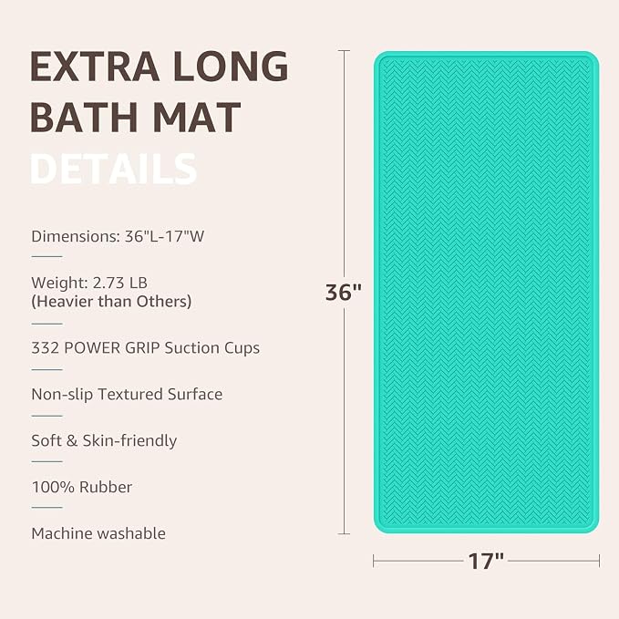 OTHWAY Bathtub Mat Non Slip, Extra Long Rubber Bath Mat for Tub, Machine Washable Shower Anti Slip Mat with 332 Strong Suction Cups (Sea Green, 36" x 17")