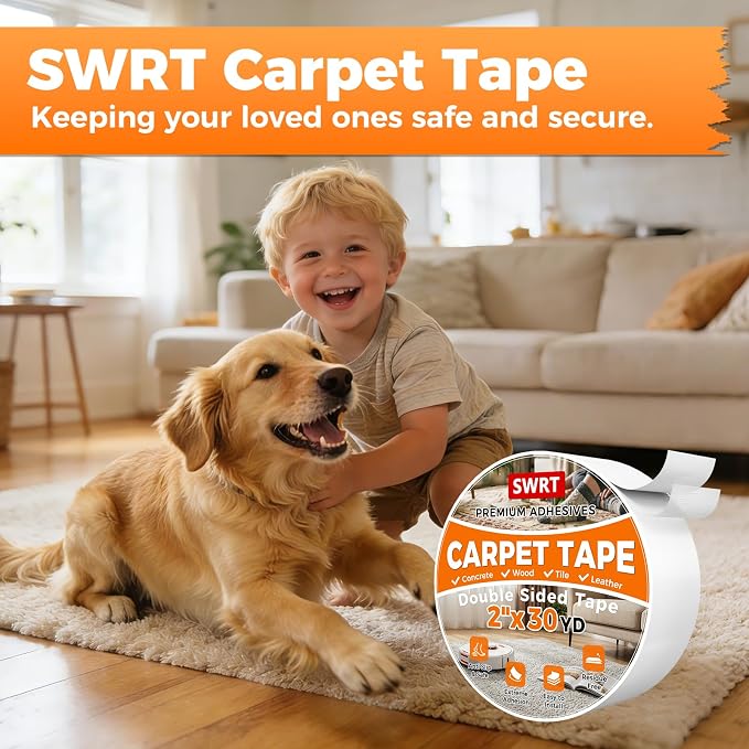 SWRT Carpet Tape Double Sided, 2 Inch x 30 Yards – Carpet Adhesive for Hardwood Floors, Heavy Duty Anti Slip Rug Grip Tape, Works as Rug Grippers, Residue Free, Wood Safe, Easy Removal for Tile