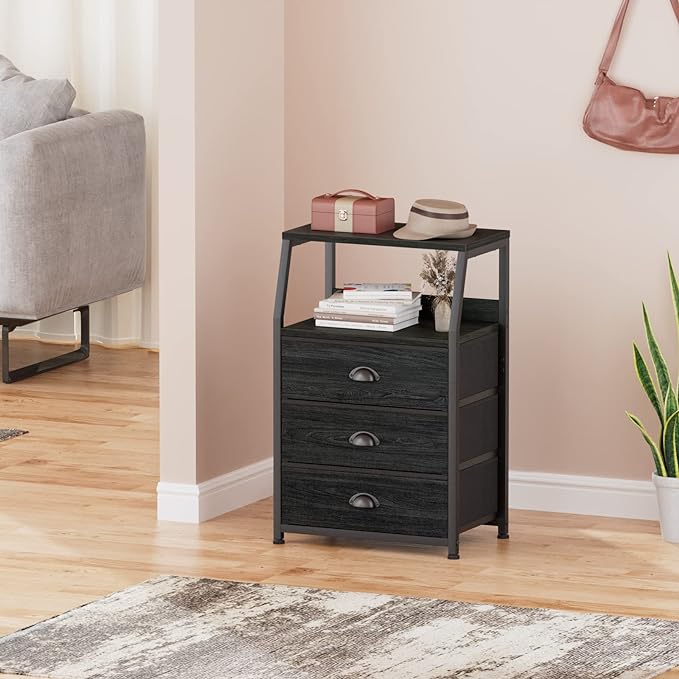 Furnulem Black Night Stand, Small Dresser for Bedroom, Nightstand with 3 Fabric Storage Drawers and 2-Tier Shelf, End Table Side Furniture for Closet, Hallway, Nursery, Sturdy Steel Frame, Wood Top