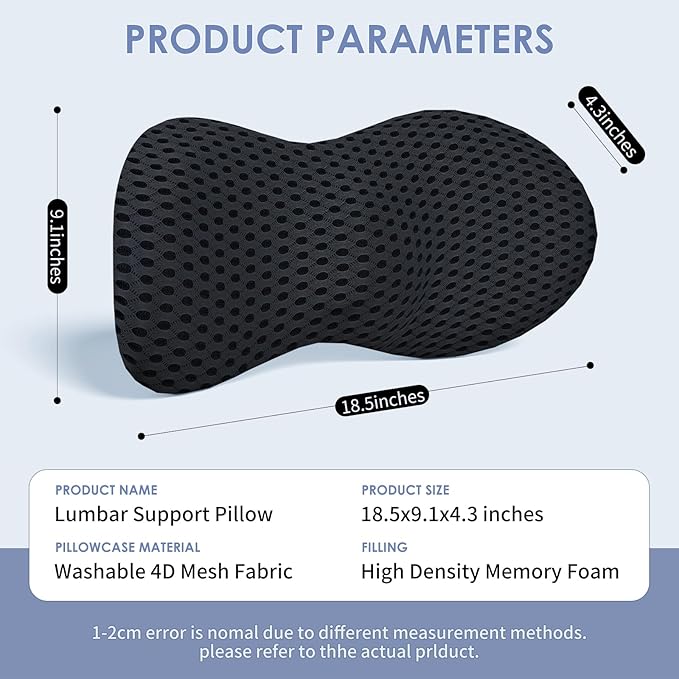 kasney Lumbar Support Pillow, Back Pillow for Low Back Pain Relief, Ergonomic Streamline Car Seat, Office Chair, Recliner and Bed (Black)
