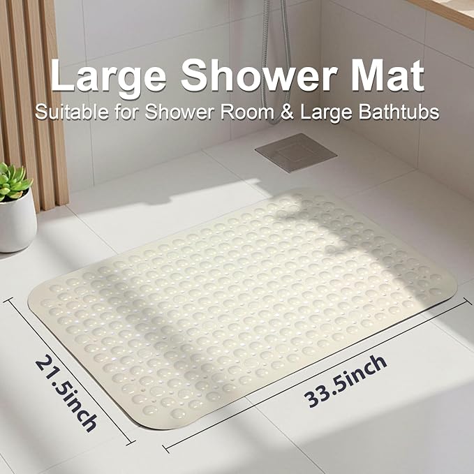 Large Shower Mat 21.5x33.5 Inch Beige, Soft Non Slip Shower Mats for Inside Shower with Big Suction Cups Drain Holes, Extra Large Bath Bathtub Mat Floor Stall Mats, BPA-Free, Easy Clean