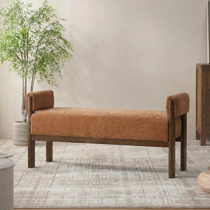 VKNOW End of Bed Bench, 51.8” Modern Upholstered Bedroom Bench Indoor Bench with Arms, Entryway Bench with Solid Wood Frame for Bedroom Living Room, Orange
