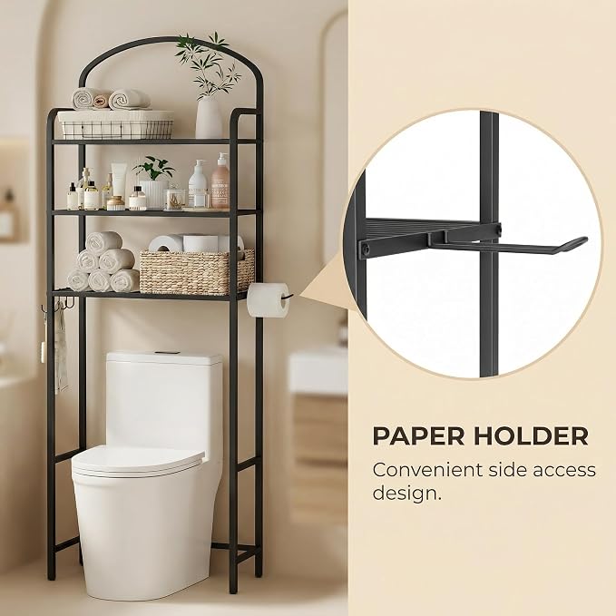 Over The Toilet Storage Rack - 3 Tier Bathroom Organizer with 4 Hooks & Paper Holder - Space Saving Metal Shelf for Bathroom - Black Toilet Storage