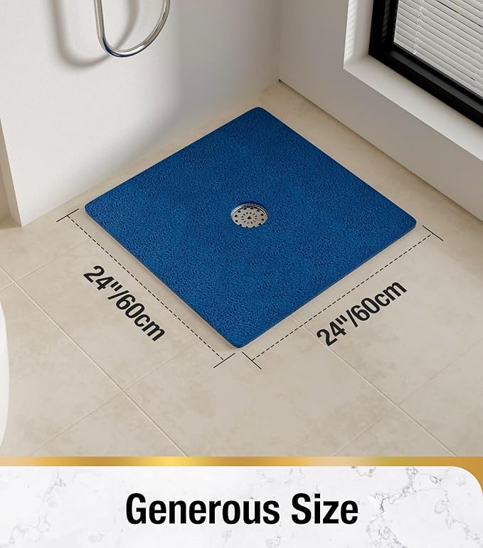 HITSLAM Square Shower Mat, 24 x 24 Inch Non Slip Bath Mat for Tub, Soft PVC Loofah Bathtub Mats with Drain Holes, Quick Drying Bathroom Stall Floor Mat, Bathroom Accessories Without Suction Cup, Blue