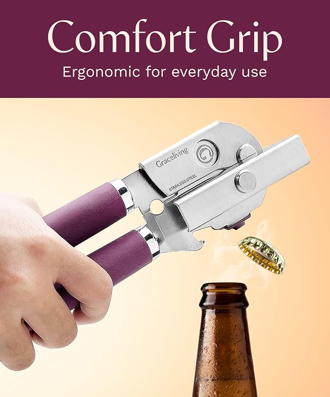 Premium Multifunction Magnetic Manual Can Opener and Bottle Opener, Heavy Duty Stainless Steel Sharp Cutting Blade and Oversized Easy Turn Knob, Soft-Touch Handle, Kitchen Use, Mauve