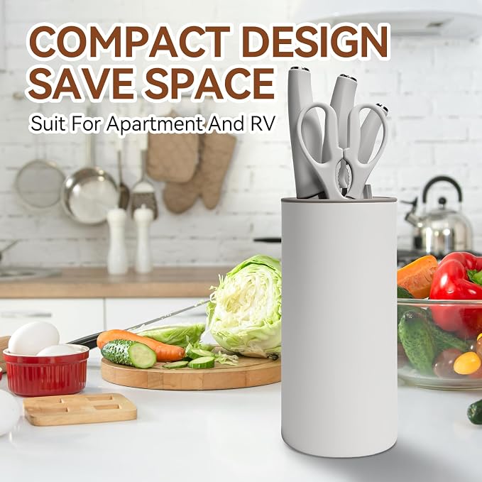 Small Knife Block Set, Modern Kitchen Knife Scissors with Universal Round Holder, Home Apartment New Kitchen Essentials, Space Saving, Dishwasher Safe(Vanilla White, 5PCS)