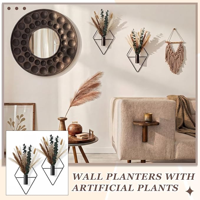 Jexine 4 Pcs Hanging Planters with Artificial Pampas Grass Metal Hanging Vase Indoor Plants Holder Modern Geometric Boho Bathroom Wall Decor for Living Room Home Office(Black)