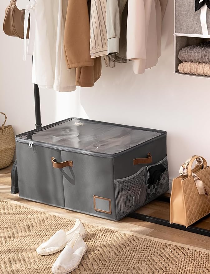 StorageWorks Shoe Organizer for Closet, Shoe Storage Containers for Entryway, Fabric Shoe Storage Organizer for Slippers and Flats, Shoe Storage Bins with Side Mesh Pocket, Fits up to 20 Pairs, Grey