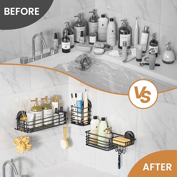 LEVERLOC Shower Caddy Suction Cup, 3 Pack Heavy Duty Bathroom Organizer for Inside Shower with Hooks & Soap Holder, Removable Bathroom Organizer, Rustproof Black Holder Storage Black