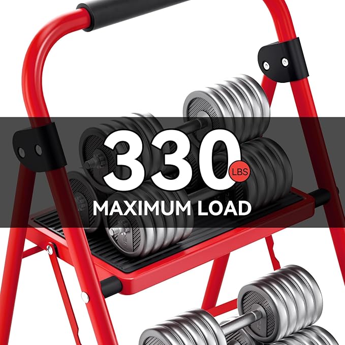KINGRACK Step Ladder, Folding Ladder with Non-Slip and Wide Pedal, Small Ladders with Handle, Heavy Duty Steel Ladder, Lightweight Step Ladder (Red, 2 Step Ladder)