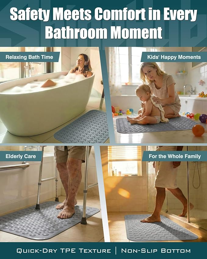 Non Slip TPE Bath Mat, Heavy Non Floating Shower Mat, 28x16, Gray | Strong grip, 166 suctions, 144 drains, 7mm extra-thick cushioned layer, washable, for bathroom shower tub floor