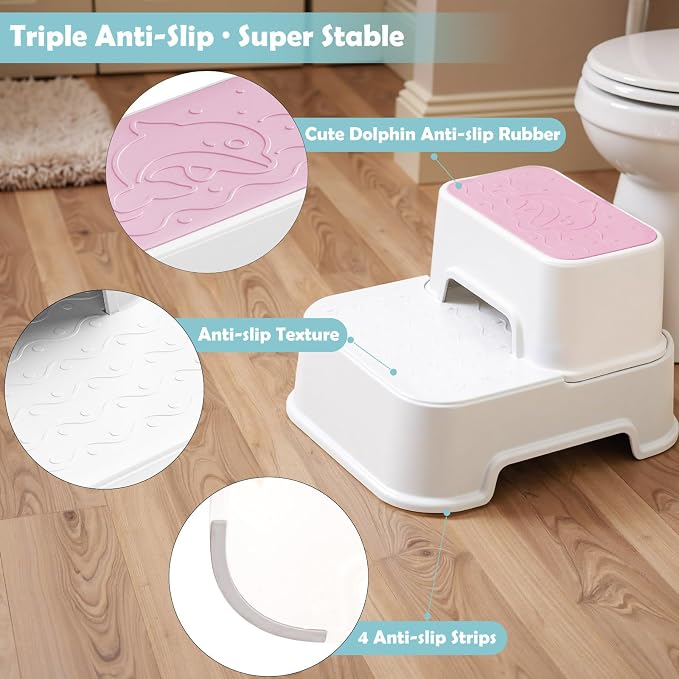2 Step Toddler Step Stool, Non-Slip Multifunctional Kids Step Stool for Bathroom Sink & Toilet Potty Training,Supports Up to 220 lbs (2 Packs, Pink)