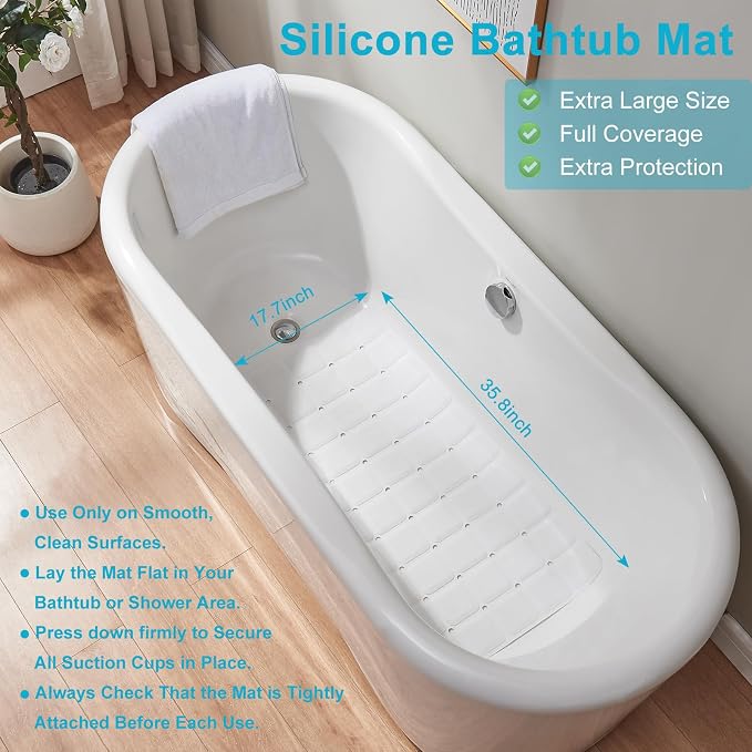 Webos Non-Slip Bath Mat for Tub & Shower：Silicone Foldable Bathtub Mat with Strong Suction Cups, Quick Drain Holes, Machine Washable Extra Large Bathroom Mats 35.8" x 17.7", White