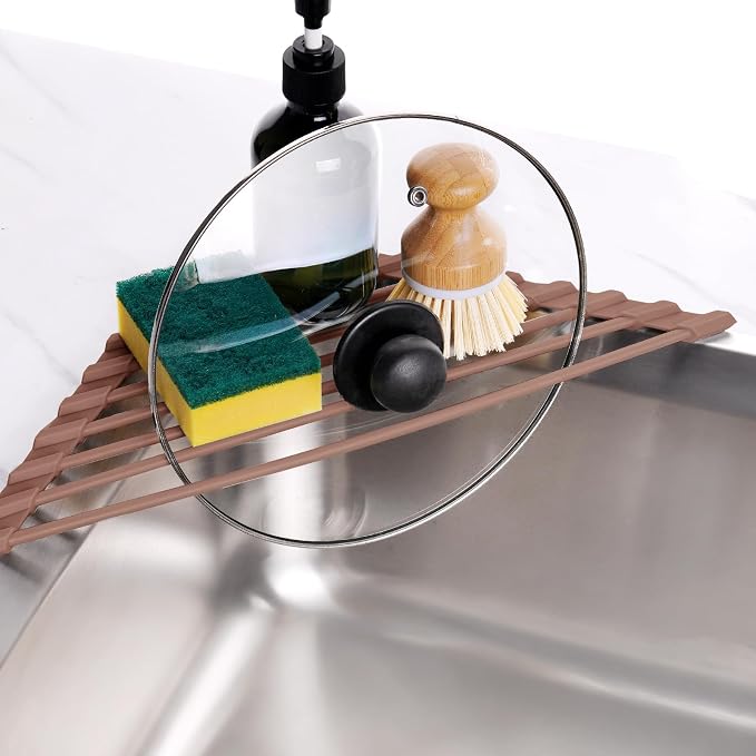 Tomorotec Compact Silicone-Coated Triangle Dish Drying Rack for Sink Corner - Foldable Stainless Steel Over-The-Sink Organizer and Storage Shelf (Coffee)