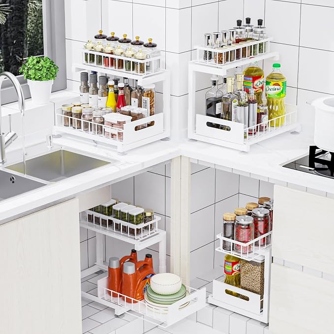 Under Sink Organizer, Heavy Duty Metal Pull Out Cabinet Organizer Slide Out Sink Shelf Organizer Height Adjustable, Multi-Purpose Storage Shelf for Kitchen Bathroom(White,2Pack)