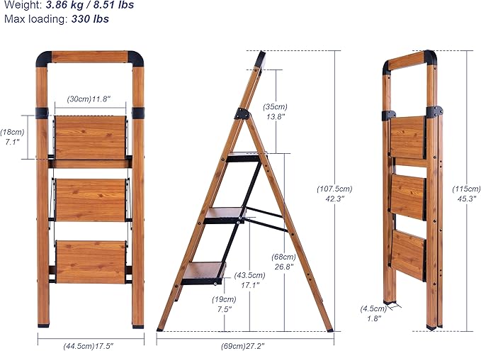 Step Ladder 3-Step Woodgrain Finish Aluminum Folding Ladders