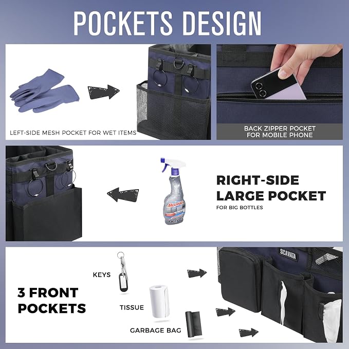 SCAVATA Wearable Cleaning Caddy Bag, Cleaning Caddy Supplies Organizer with Handle & Shoulder Straps for Housekeepers, Under Sink & Car Cleaning Tool Organizers with 4 Foldable Divider Navy (DarkBlue)