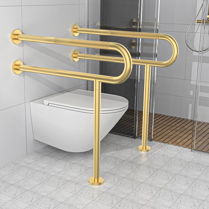Toilet Support Rail 32 Inch, Munzong Anti-Slip Gold Handicap Grab Bar for Bathroom, Stainless Steel Knurled Safety handrails with Leg for Elderly Disabled Pregnant-1.25’Tube