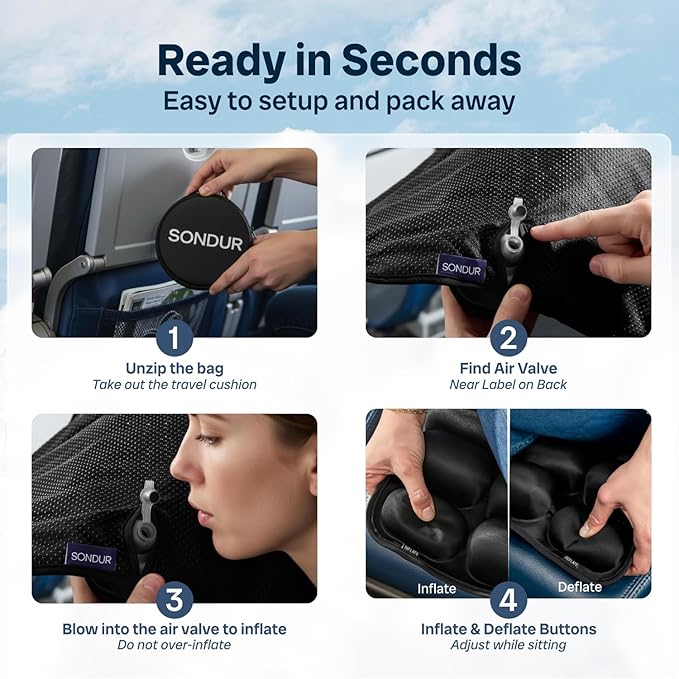 Sondur™ Travel Cushion – CloudAir Technology Airplane Seat Cushion – Inflatable Travel Cushion for Long Flights – Portable Air Cell Design, Puncture-Resistant Waterproof Pad – Black