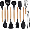 Silicone 10 Pcs Kitchen Cooking Utensils Set, Recycled Materials Certification, BPA Free Spatula Set with Heat Resistant Wood Handles for Nonstick Cookware, Black
