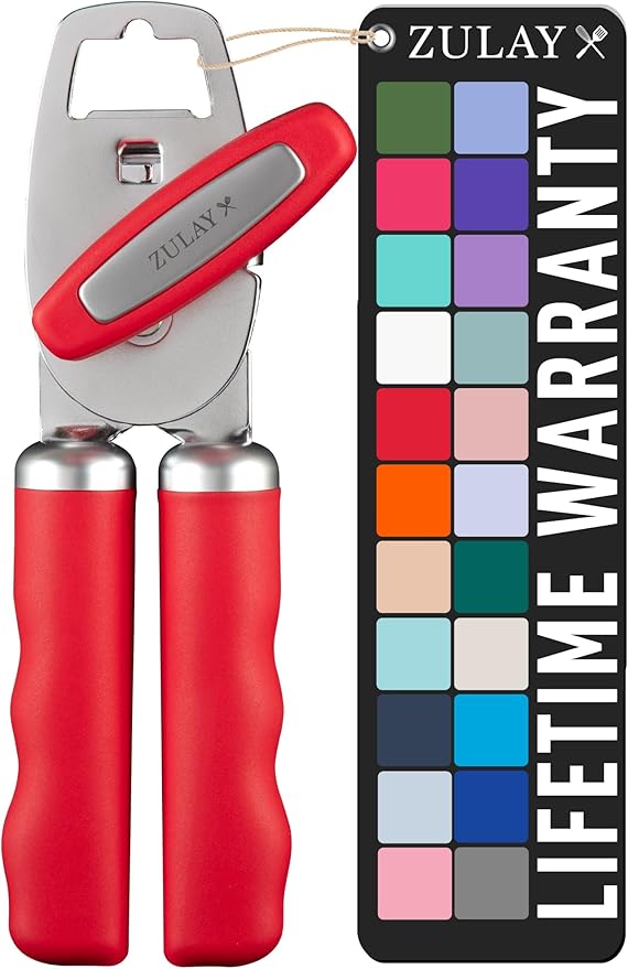 Zulay Kitchen Heavy Duty Stainless Steel Can Opener Manual with Bottle Opener - Rust Proof Manual Can Opener With Turn Knob & Comfy Soft Grip Handles - Cherry Red