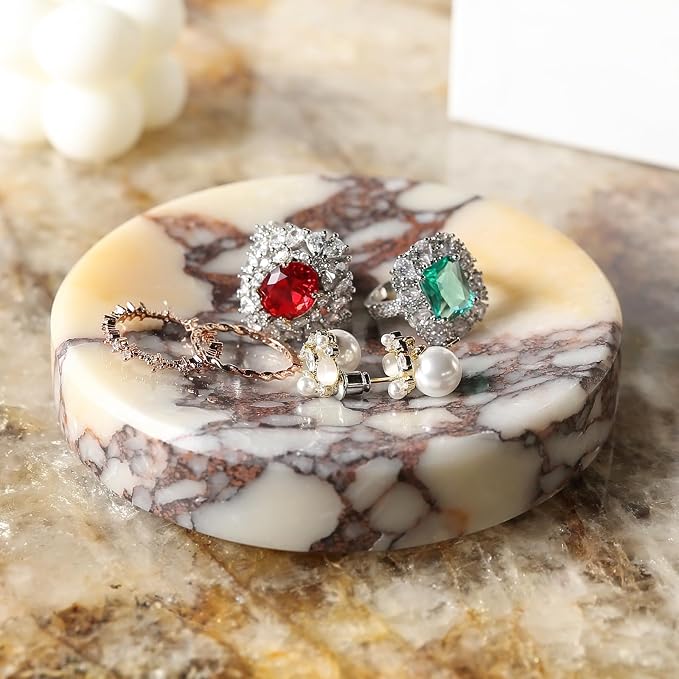 Koville Marble Jewelry Dish, Small Round Trinket Dish for Ring Necklace Earring, 4" Decorative Dish, Natural Stone Soap Dish for Bathroom Kitchen