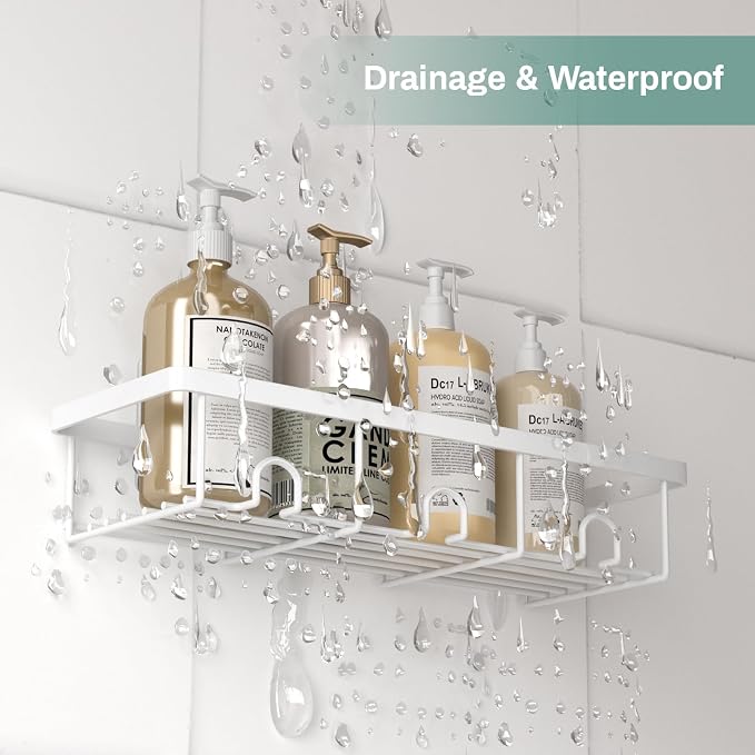White Shower Caddy Organizer, 2 Pack Adhesive Shampoo Holder Basket Shelves for Storage and Organization, Wall Suction Bath Bathtub Rack Set for RV Camper, Bathroom Restroom Decor and Accessories