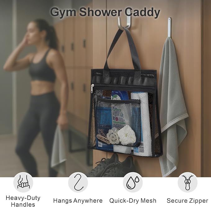 F-color Mesh Shower Caddy Portable Hanging - 3 Pockets Small Shower Bag Tote with Zipper Closure for Camping, Gym Lockers, Travel, Toiletry, Quick Dry Bathroom Essentials with S Hook, Black