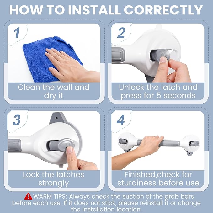Reyiu Grab Bars for Shower, 16.5 Inch Shower Handle with Safety Indicators, Suction Cup Bathroom Grab Bar for Elderly, Seniors, Handicap - No Drill, Waterproof, Removable (2 Pack)
