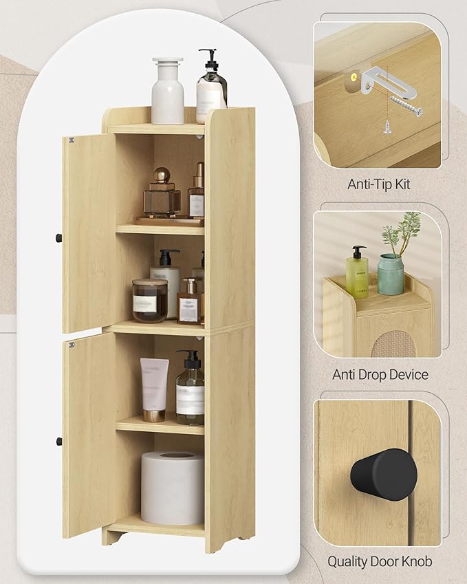 Hzuaneri Bathroom Storage Cabinet, Small Corner Floor Cabinet with 2 Doors and Adjustable Shelf, Narrow Toilet Paper Cabinets, Bathroom Organizer for Small Spaces, 7.9"D x 7.9"W x 29.5"H Rattan Yellow