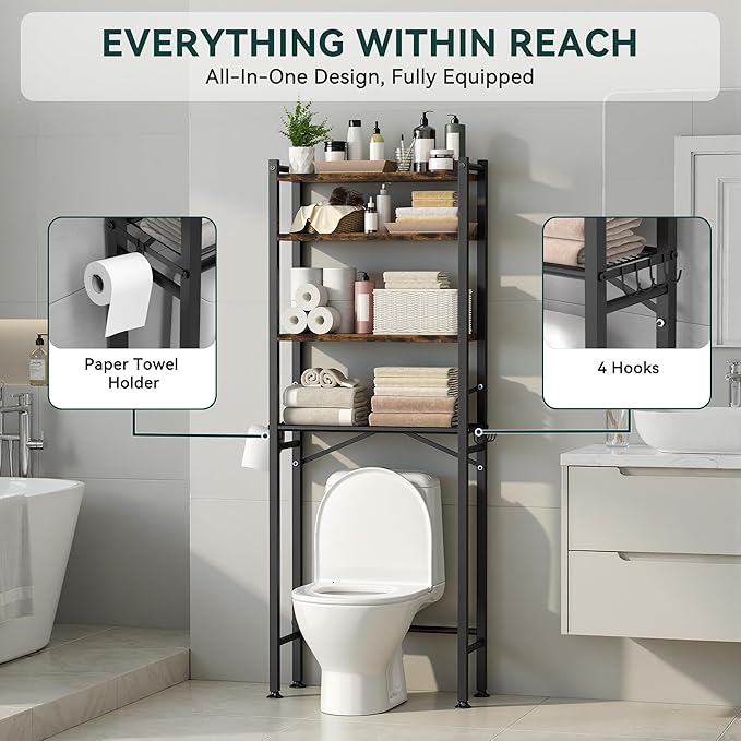 GloTika 4-Tier Over The Toilet Storage with Paper Holder and 4 Hooks - Metal Over Toilet Bathroom Organizer Shelf, Freestanding Bathroom Cabinet for Laundry/Living Room (69.3" H, Black Brown)