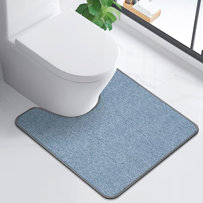 HOMTEB Toilet Rugs U Shaped Washable 24x20, Ultra Thin Toilet Rug Super Absorbent, Toilet Mat Rubber Backing Non-Slip, Toilet Mats Machine Washable Dry Quickly, Contour Bathroom Rugs for Toilet-Blue