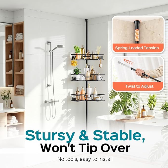 HAMITOR Shower Caddy Tension Pole: 4-Tier Adjustable Corner Bathroom Organizer - Heavy Duty Rustproof L-Shaped Shelves- No Drilling Space-Saving Storage Rack for Family & Renters- 47-123 inch Black