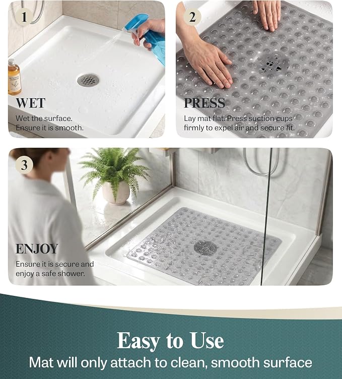 HITSLAM 21x21 Inch Square Shower Mat Non Slip, Anti Slip Bathtub Mat with Strong Suction Cups & Drainage Holes, Machine Washable Bathroom Floor Mat for Inside Shower Stall and Tub, Grey