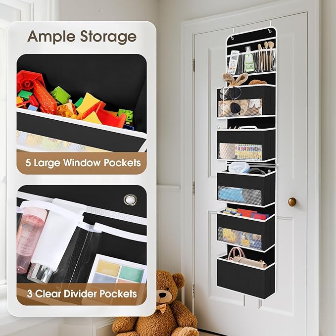 SpaceHacks 6-Tier Over The Door Organizer Hanging Storage Organizers with Clear Window 40lb Large Capacity Room Organizer for Pantry Bathroom Nursery Closet(Black)
