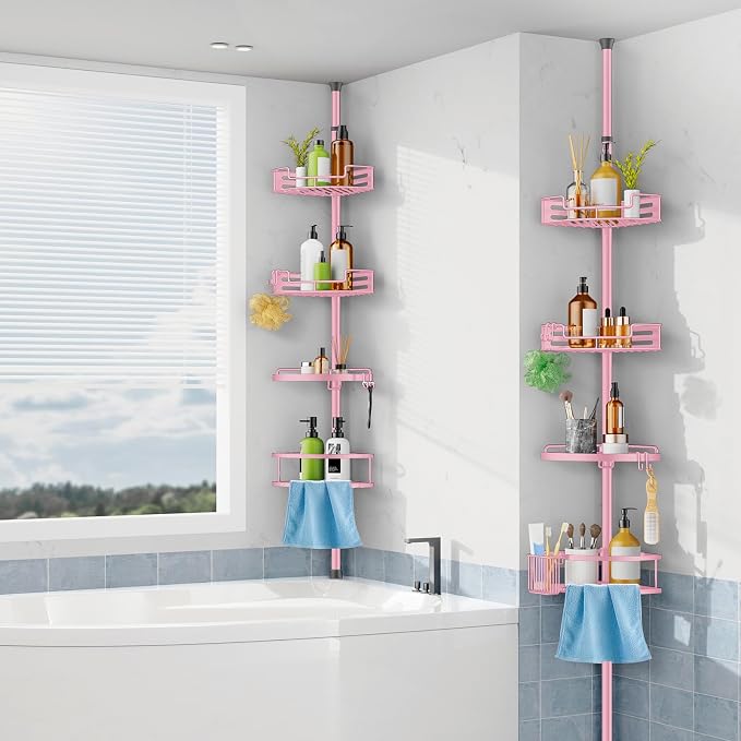 HAMITOR Corner Shower Caddy Tension Pole: Quick Installation 4-Tier Rustproof Bathroom Organizer Shelves for Bathtub Shampoo Storage - 47-121 inch Adjustable Floor Standing Bath Rack Holder - Pink