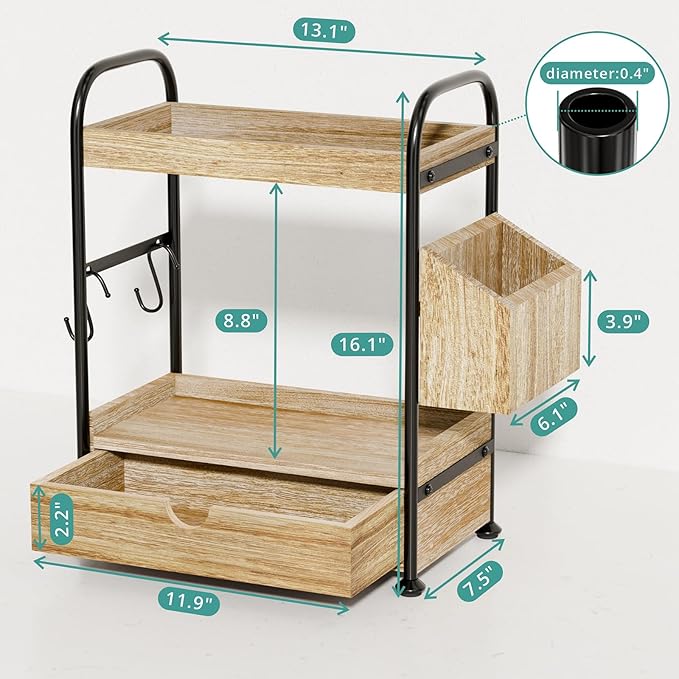 Kottwca 2-Tier Bathroom Counter Organizer with Drawer, Wooden Vanity Skincare Storage Shelf with Thickened Metal Frame, Countertop Shelf with Basket & Hooks for Makeup Organization,Light Brown