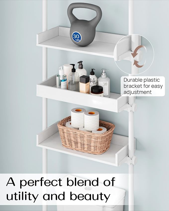 ALLZONE Bathroom Organizer, Over The Toilet Storage, 4-Tier Adjustable Wood Shelves for Small Rooms, Saver Space Rack, Narrow Cabinet, 92 to 116 Inches Tall, White