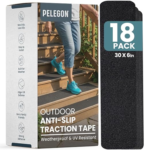 PELEGON Outdoor Stair Treads Non-Slip for Wooden Steps (18 Stairs) 6"x30" Heavy Duty Waterproof Anti Slip Traction Tape, Black Grip Tape Treads Outdoor for Wood, Decks, Ramps