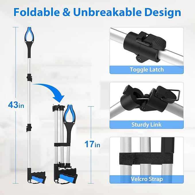 43" Grabber Reacher Tool, Foldable Reacher Grabber Pickup Tool with 360° Rotating Jaw & Two Magnets, Extra Long Trash Picker Upper Grabber, Extension Grabbers for Seniors, Blue