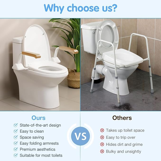 Toilet Safety Rails for Seniors, Heavy Duty Foldable Toilet Support for Seniors, Elderly Toilet Seat Rails with Arms, Toilet Bars for Elderly and Disabled Up to 520LBS, Easy Installation Toilet Rails
